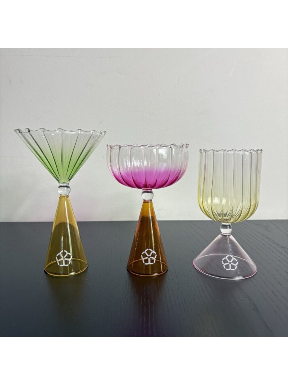 TRINA TURK Set of 3 Retro Fun Cocktail Glasses Coupe Wine Martini Glass Colorful